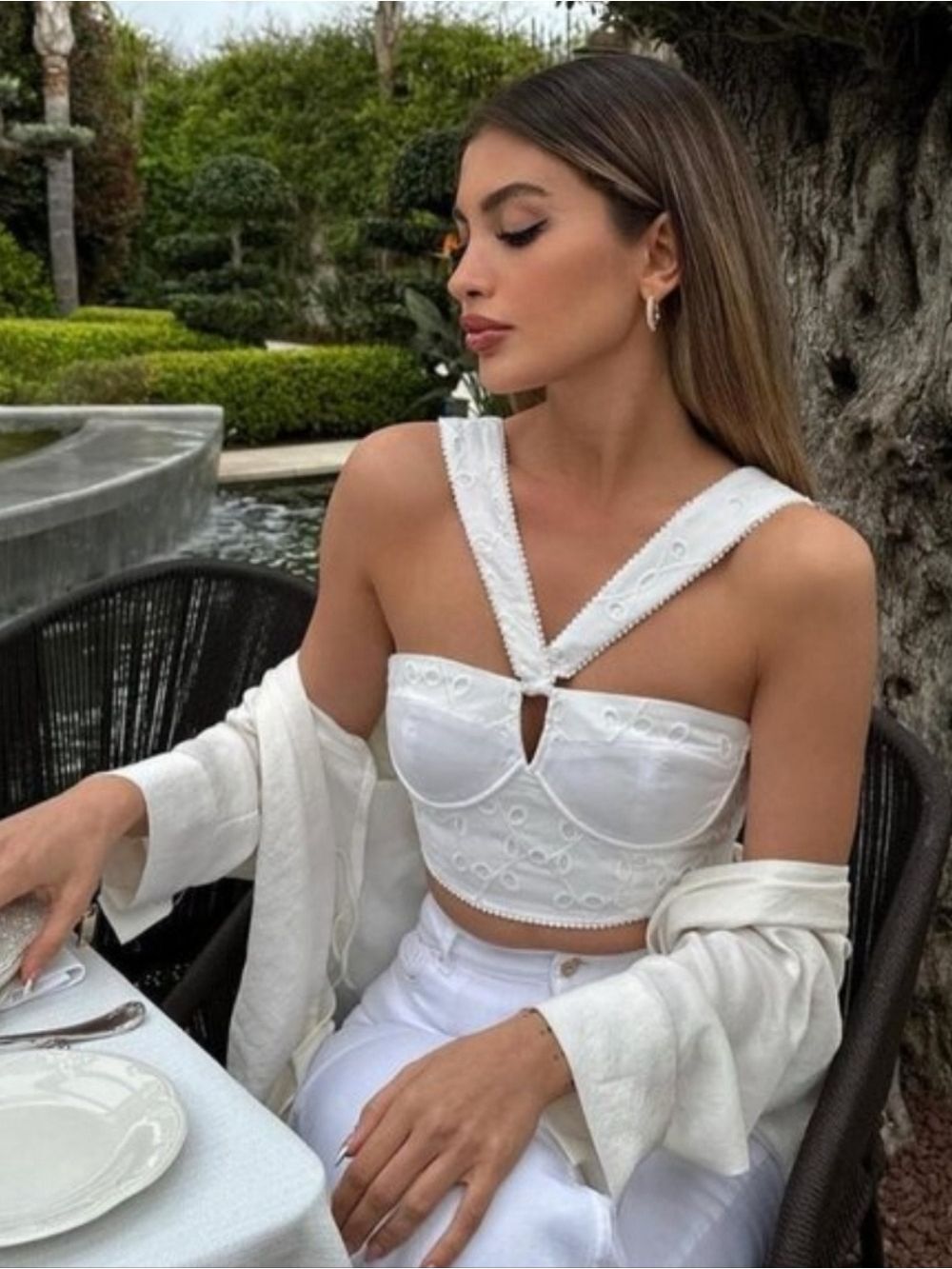 NWT Zara Oyster White Embroidered Bustier Eyelet Crop Top, Size L